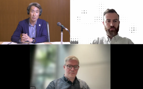 The three participants in the podcast, one host and two guests, are visible.