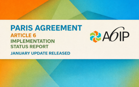 Colorful orange, green, and blue image reading "Paris Agreement Article 6 Implementation Status Report January Updated Released".